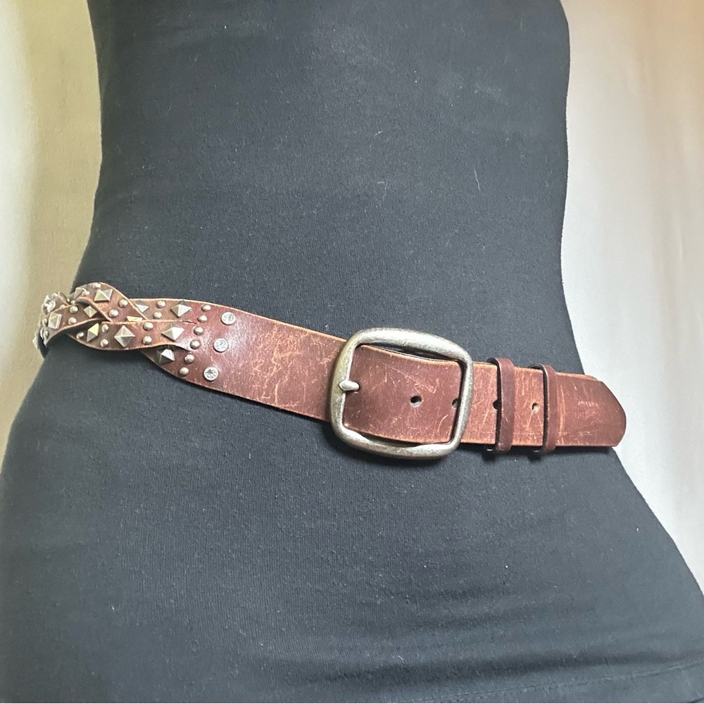 Buffalo David Bitton Brown Leather Studded & Crystal Embellished Braided Belt